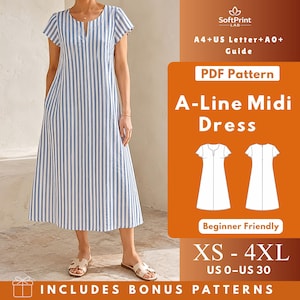May include: A blue and white vertical striped midi dress with short sleeves and a notched neckline. The image includes text: SoftPrint LAB, A4+US Letter+A0+ Guide, PDF Pattern, A-Line Midi Dress, Beginner Friendly, XS - 4XL, US 0-US 30.