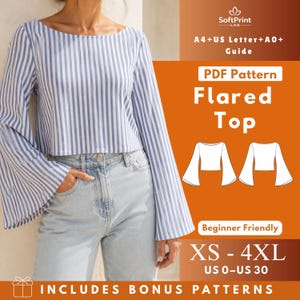 Cropped Knit Top PDF Sewing Pattern, Wide Neck Flared Sleeve Top, Pull-On Stretch Shirt Pattern XS-4XL