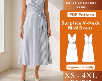 Surplice V-Neck Midi Dress PDF Sewing Pattern, Sleeveless Belted A-Line Knit Dress XS–4XL