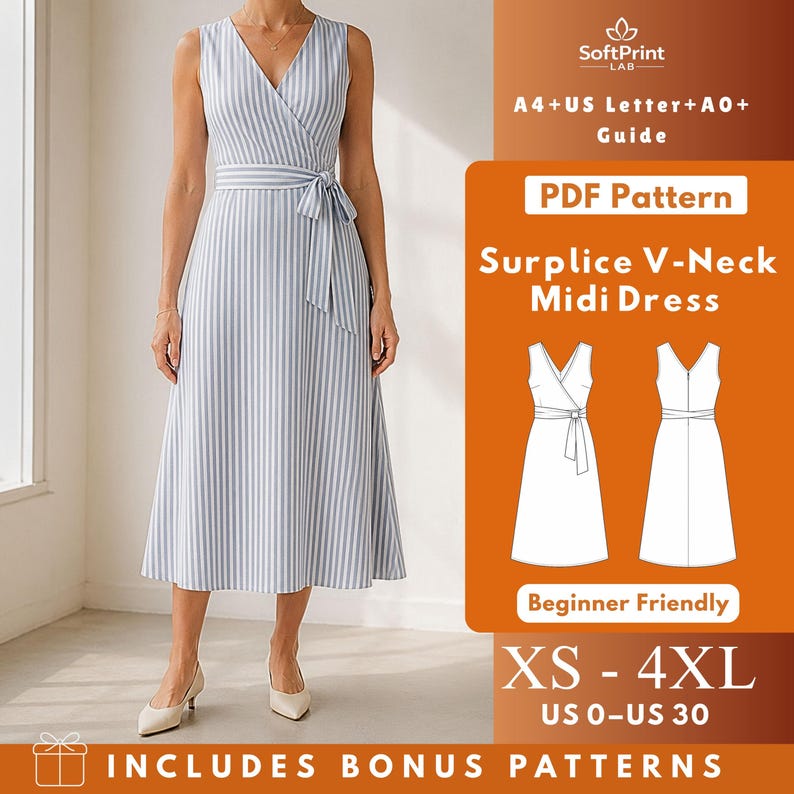 May include: A PDF sewing pattern for a sleeveless midi dress with a surplice V-neck and a waist tie. The pattern includes A4, US Letter, and A0 formats, covering sizes XS to 4XL or US 0 to 30. The design features vertical stripes and a wrap-style bodice.
