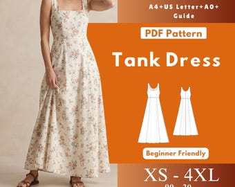 Paneled Full-Length Tank Dress Sewing Pattern PDF, Women’s Sleeveless Square Neck Maxi Dress, Woven Dress Digital Download