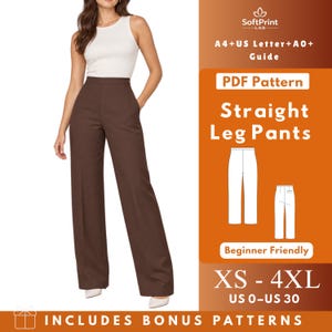 May include: A digital PDF sewing pattern for straight leg pants, featuring a white tank top and brown high-waisted trousers. The graphic includes text: SoftPrint LAB, A4+US Letter+A0+Guide, PDF Pattern, Straight Leg Pants, Beginner Friendly, XS-4XL, US 0-US 30.