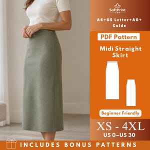 May include: A midi straight skirt in olive green with a single button closure at the waist. The image includes text: SoftPrint LAB, A4+US Letter+A0+Guide, PDF Pattern, Midi Straight Skirt, Beginner Friendly, XS-4XL, US 0-US 30, INCLUDES BONUS PATTERNS.