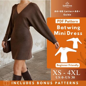 May include: A brown long-sleeve mini dress with a V-neckline and batwing sleeves. The image includes text: SoftPrint LAB, A4+US Letter+A0+Guide, PDF Pattern Batwing Mini Dress, Beginner Friendly, XS-4XL, US 0-US 30, INCLUDES BONUS PATTERNS.