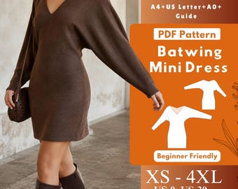Cartamodello PDF per mini abito a pipistrello con scollo a V profondo, abito in maglia da donna con maniche a pipistrello, taglie XS-4XL US 0-30