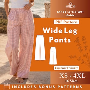 May include: A person wearing pink and white gingham wide-leg trousers. The image features a PDF pattern for wide-leg trousers, with sizes XS to 4XL, and the text "Beginner Friendly".