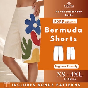 Könnte beinhalten: Cremefarbene Bermuda-Shorts mit bunten, abstrakten Blumenapplikationen. Das Bild enthält Text: "PDF Pattern Bermuda Shorts", "XS - 4XL 16 Sizes" und "Beginner Friendly". Die Shorts werden von einer Person getragen.