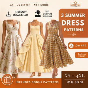 Puede incluir: Tres patrones de vestidos de verano que incluyen un vestido blanco con flores, un vestido de cuadros vichy amarillos con volantes escalonados y un vestido cruzado de cuadros amarillos y blancos. El texto incluye 3 SUMMER DRESS PATTERNS, XS-4XL, US 0-US 30.