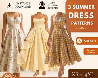 Paquete de patrones de vestidos imprimibles, 3 vestidos de verano para mujer, patrones de costura en PDF XS–4XL