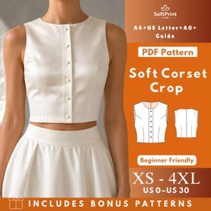 Puede incluir: Un top corto blanco sin mangas con cierre de botones en la parte delantera y una falda a juego. La imagen incluye el texto: SoftPrint LAB, A4+US Letter+A0+ Guide, PDF Pattern, Soft Corset Crop, Beginner Friendly, XS - 4XL, US 0-US 30, INCLUDES BONUS PATTERNS.