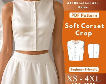 Soft Corset Crop Top Sewing Pattern PDF, Women’s Sleeveless Button Front Bridal Top XS-4XL US 0-30