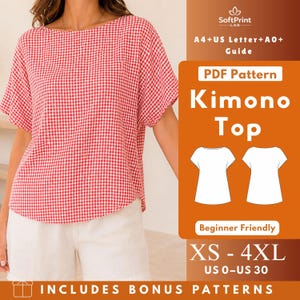 Peut inclure: Un haut kimono à carreaux vichy rouges et blancs avec des manches courtes et une encolure ronde. L'image contient le texte : SoftPrint LAB, A4+US Letter+A0+ Guide, PDF Pattern Kimono Top, Beginner Friendly, XS-4XL, US 0-US 30, INCLUDES BONUS PATTERNS.