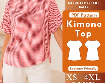 A-Line Kimono Top PDF Sewing Pattern, Relaxed Knit Boat Neck Top with Short Batwing Sleeves, Curved Hem, Side Zipper XS-4XL