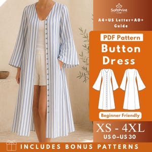 V Neck Button Front Dress PDF Sewing Pattern, Lined Midi Dress with Flared Sleeves, Princess Seams, Open Front Duster XS-4XL