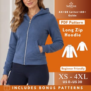 May include: A blue zip-up hoodie with a hood, long sleeves, and two front pockets. The text reads SoftPrint LAB, A4+US Letter+A0+ Guide, PDF Pattern, Long Zip Hoodie, Beginner Friendly, XS-4XL, US 0-US 30, INCLUDES BONUS PATTERNS.