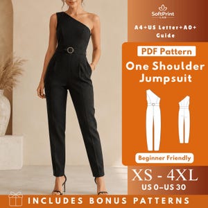 One Shoulder Jumpsuit Sewing Pattern PDF, Asymmetric Neckline Peg Leg Jumpsuit, Belted Overall Pattern, XS-4XL, US 0-30