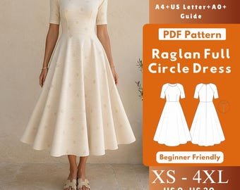 Raglan Full Circle Dress PDF Sewing Pattern, Round Neck Knit Midi Dress, Above Elbow Sleeves, Women XS–4XL