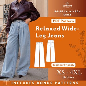 May include: Light blue relaxed wide-leg jeans. The image shows a person wearing the jeans with a brown jacket. The image also includes a PDF pattern with the text "Relaxed Wide-Leg Jeans", "Beginner Friendly", and size range "XS - 4XL".
