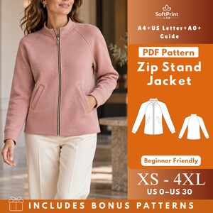 Può includere: Una giacca rosa polvere con cerniera, colletto a lupetto e maniche lunghe, mostrata accanto a una guida al cartamodello digitale con la scritta SoftPrint Lab, PDF Pattern Zip Stand Jacket, Beginner Friendly, XS-4XL e US 0-US 30.