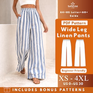 Può includere: Un cartamodello PDF digitale per pantaloni ampi in lino con un design a righe verticali blu e bianche. La grafica include il testo: SoftPrint LAB, A4+US Letter+A0+Guide, PDF Pattern, Wide Leg Linen Pants, Beginner Friendly, XS-4XL, US 0-US 30.