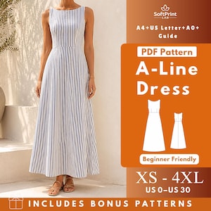 Könnte beinhalten: Ein ärmelloses A-Linien-Kleid mit blau-weißem vertikalem Streifenmuster, U-Boot-Ausschnitt und bodenlangem Rock. Das Bild enthält den Text: SoftPrint LAB, A4+US Letter+A0+ Guide, PDF Pattern, A-Line Dress, Beginner Friendly, XS-4XL, US 0-US 30, INCLUDES BONUS PATTERNS.