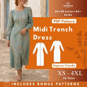 May include: A woman wearing a light green midi trench dress with long sleeves and button details. The image includes a PDF pattern graphic with the text "Midi Trench Dress", "Beginner Friendly", and size range "XS - 4XL".