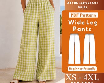 Patrón de costura en PDF para pantalones de lino de pierna ancha, pantalones elásticos de cintura alta con bolsillos, tallas XS–4XL para mujer.