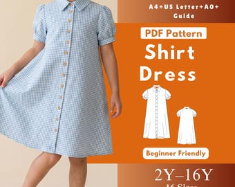 Girls Shirt Dress Sewing Pattern PDF, Kids Tent Dress Pattern, Knee Length Button Front Dress, Short Bishop Sleeve, Collar Dress, 2Y-16Y