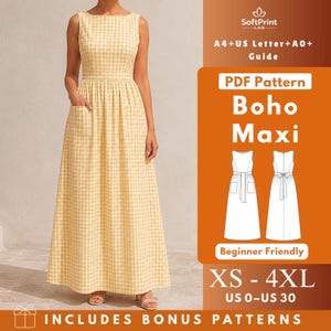 May include: A sleeveless yellow and white gingham maxi dress with a fitted bodice, a defined waist, and two front patch pockets. The image includes text: SoftPrint LAB, A4+US Letter+A0+ Guide, PDF Pattern Boho Maxi, Beginner Friendly, XS-4XL, US 0-US 30.
