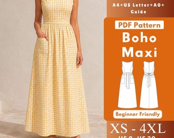 Mouwloze maxi-jurk pdf-naaipatroon, geweven jurk met verzamelde taille en opgestikte zakken XS-4XL