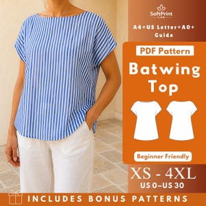 Patrón de costura en PDF para top kimono de corte A, blusa de punto relajada con mangas murciélago, escote barco y cremallera lateral, tallas XS-4XL