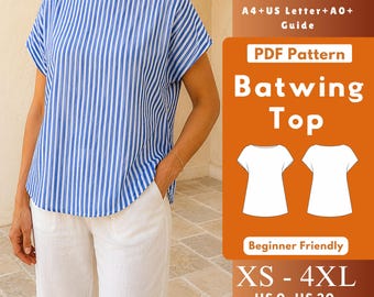 A-Line Kimono Top PDF Sewing Pattern, Relaxed Knit Batwing Blouse with Boat Neck & Side Zipper XS-4XL