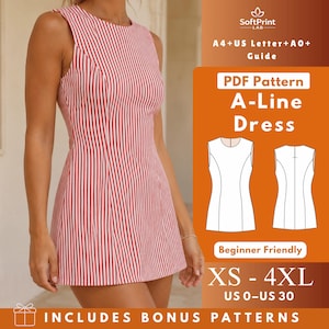 May include: A sleeveless A-line dress with a red and white vertical stripe pattern. The image includes text: SoftPrint LAB, A4+US Letter+A0+Guide, PDF Pattern A-Line Dress, Beginner Friendly, XS-4XL, US 0-US 30, and INCLUDES BONUS PATTERNS.