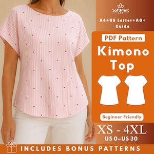 Puede incluir: Una blusa tipo kimono de manga corta con un patrón de rayas verticales en rosa claro y blanco con pequeños corazones rojos. La imagen incluye el texto: SoftPrint LAB, A4+US Letter+A0+ Guide, PDF Pattern, Kimono Top, Beginner Friendly, XS-4XL, US 0-US 30.