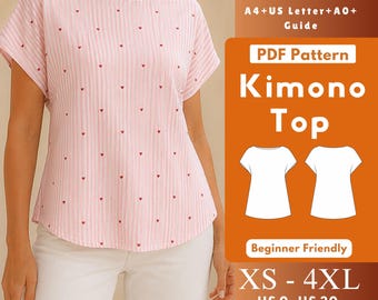 Relaxed A-Line Kimono Top PDF Sewing Pattern, Boat Neck Batwing Knit Blouse, Side Zipper XS-4XL