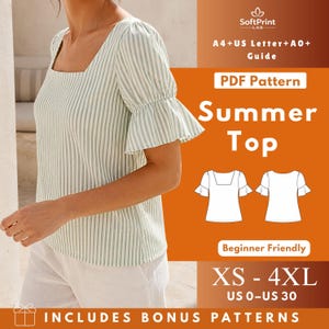 Puede incluir: Una blusa de rayas verticales verde claro y blanco con escote cuadrado y mangas cortas con volantes. La imagen incluye texto: SoftPrint LAB, A4+US Letter+A0+ Guide, PDF Pattern Summer Top, Beginner Friendly, XS - 4XL, US 0-US 30.