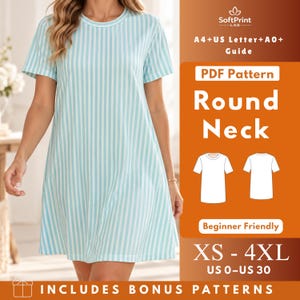 May include: A short-sleeved dress with a light blue and white vertical stripe pattern. The image includes text: SoftPrint LAB, A4+US Letter+A0+ Guide, PDF Pattern Round Neck, Beginner Friendly, XS - 4XL, US 0-US 30, INCLUDES BONUS PATTERNS.