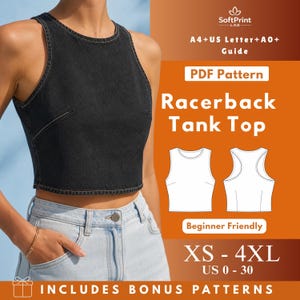 May include: A black denim racerback tank top with visible stitching, paired with light blue jeans. The image includes text: SoftPrint LAB, A4+US Letter+A0+ Guide, PDF Pattern, Racerback Tank Top, Beginner Friendly, XS - 4XL, US 0 - 30, INCLUDES BONUS PATTERNS.