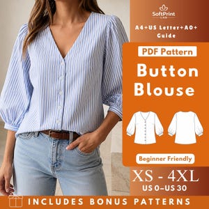 Peut inclure: Un chemisier à rayures verticales bleu clair et blanc avec un col en V, une fermeture boutonnée sur le devant et des manches bouffantes trois-quarts. L'image contient le texte : SoftPrint LAB, A4+US Letter+A0+ Guide, PDF Pattern Button Blouse, Beginner Friendly, XS-4XL, US 0-US 30, INCLUDES BONUS PATTERNS.