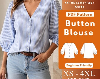 Button Front Blouse PDF Sewing Pattern, Deep V Neck Puff Sleeve Top with Cuffs, Woven Bishop Sleeve Blouse XS-4XL