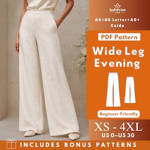 May include: A digital PDF sewing pattern for wide-leg trousers, featuring a white pair of pants with a subtle texture. The orange sidebar displays the text SoftPrint LAB, A4+US Letter+A0+Guide, PDF Pattern, Wide Leg Evening, Beginner Friendly, XS-4XL, US 0-US 30, and INCLUDES BONUS PATTERNS.
