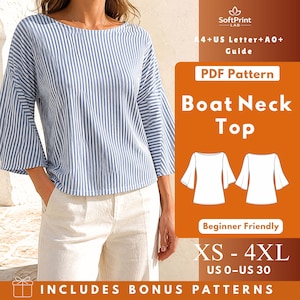 Può includere: Un top con scollo a barchetta, righe verticali blu e bianche e maniche svasate. L'immagine include il testo: SoftPrint LAB, A4+US Letter+A0+ Guide, PDF Pattern, Boat Neck Top, Beginner Friendly, XS - 4XL, US 0-US 30, INCLUDES BONUS PATTERNS.