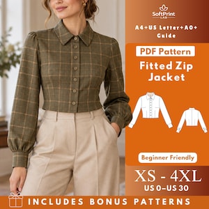 Può includere: Un cartamodello PDF per una giacca aderente con zip in fantasia a quadri verdi e marroni, maniche lunghe e colletto. La grafica include il testo SoftPrint LAB, A4+US Letter+A0+Guide, PDF Pattern, Fitted Zip Jacket, Beginner Friendly, XS-4XL, US 0-US 30.