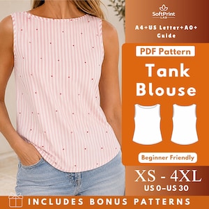 Sleeveless Shell Top PDF Sewing Pattern, Knit Boat Neck Tank Blouse with Neck & Armhole Facings XS-4XL