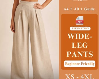 Cartamodello per pantaloni a gamba larga, pantaloni a vita alta in formato PDF, cartamodello per pantaloni di lino a vestibilità ampia, pantaloni con elastico in vita, cartamodello digitale XS–4XL
