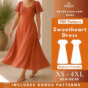 Sweetheart Tea Length Dress PDF Sewing Pattern, Empire Waist Woven Dress with Flared Sleeves, Women XS-4XL