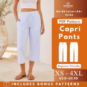 May include: Light blue and white pinstriped capri pants with an elastic waistband and a white drawstring. The text on the image includes SoftPrint LAB, A4+US Letter+A0+ Guide, PDF Pattern, Capri Pants, Beginner Friendly, XS-4XL, US 0-US 30.
