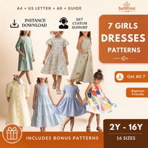May include: A digital collection of 7 dress patterns for children aged 2Y to 16Y, featuring various styles including solid colours, gingham checks, and floral prints. The image includes text: A4 + US LETTER + A0 + GUIDE, 7 GIRLS DRESSES PATTERNS, 2Y - 16Y, 16 SIZES.