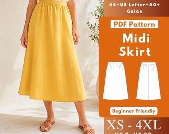 Women’s Midi Skirt PDF Sewing Pattern, Gathered Waist A-Line Skirt, Fixed Waistband Side Zip Pattern
