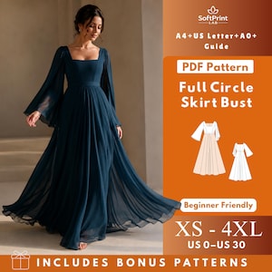 May include: A dark teal floor-length dress with a square neckline and long, flowing sleeves. The image includes text: SoftPrint LAB, A4+US Letter+A0+ Guide, PDF Pattern, Full Circle Skirt Bust, Beginner Friendly, XS - 4XL, US 0-US 30, INCLUDES BONUS PATTERNS.